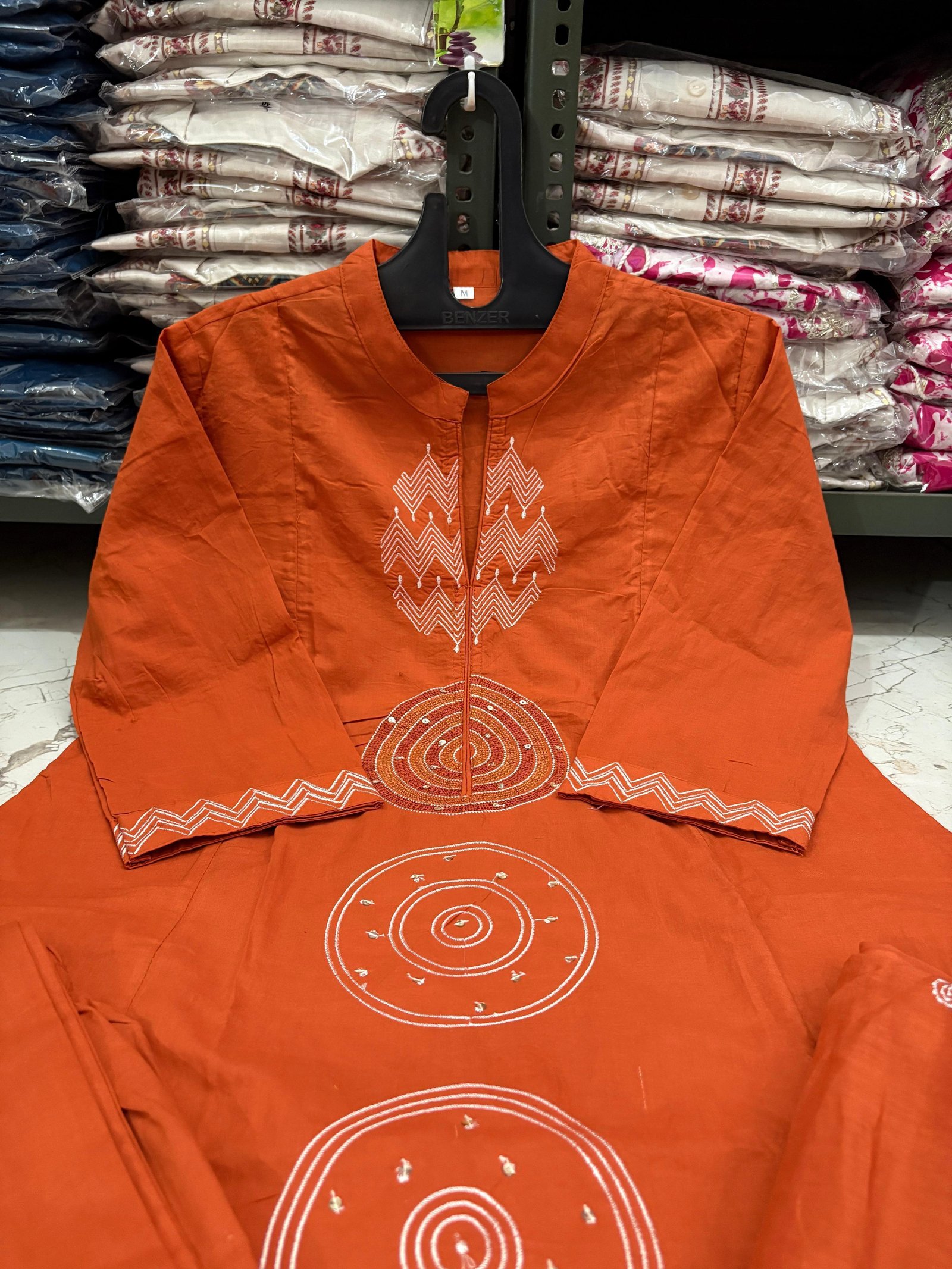 Orange Jaipuri Cotton A-Line Suit with Embroidered Dupatta